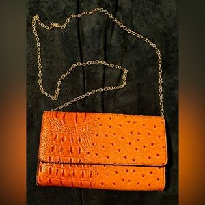Vibrant Orange Ostrich Textured Leather Clutch with Removable Gold Chain